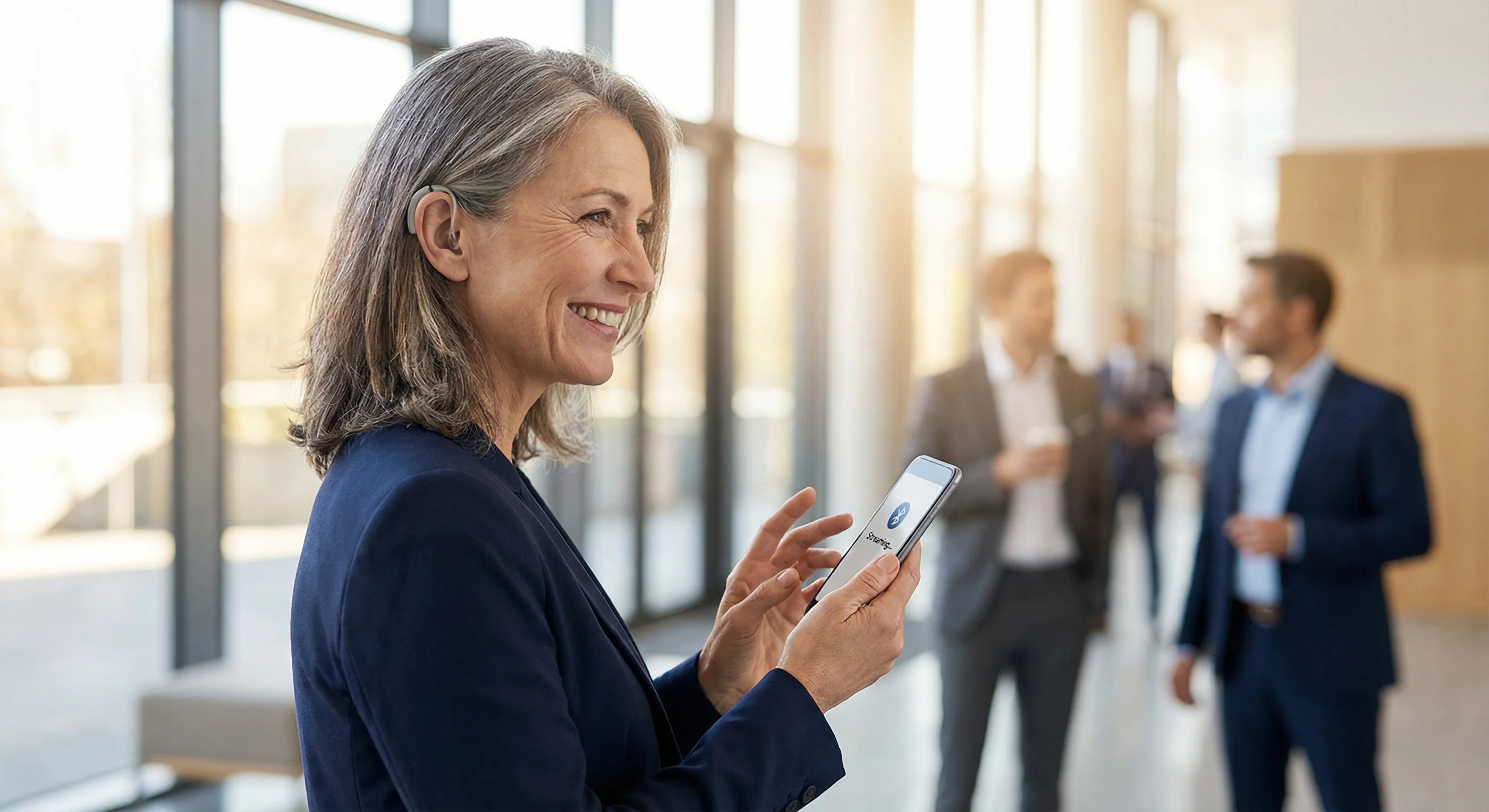 Woman with modern hearing aids enjoying hands-free wireless phone call